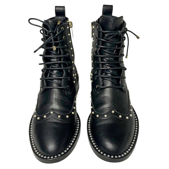 Jimmy Choo Hannah Faux Pearl-embellished Leather Motto Combat Ankle Boot EU 36.5 - Picture 2 of 10